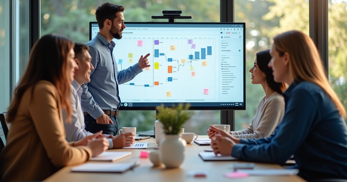 Gestor revisando pipeline em CRM em reunião aberta