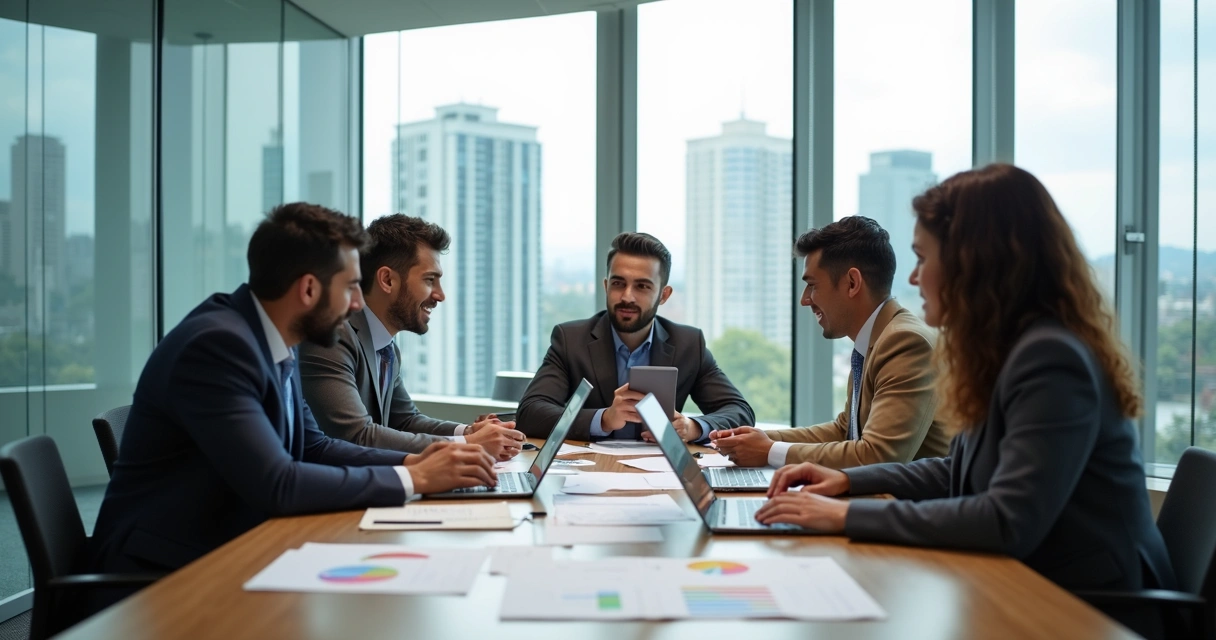 Equipe comercial reunida em sala de reuniões realizando simulações de vendas consultivas 