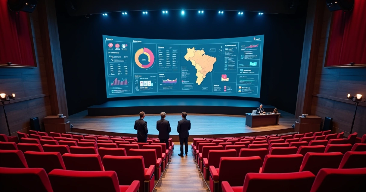 Equipe política em auditório vazio analisando painel digital de gestão eleitoral 