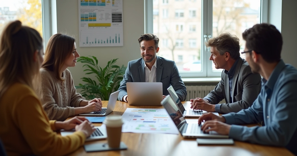 Equipe reunida em mesa de reunião discutindo estratégias de empresa 