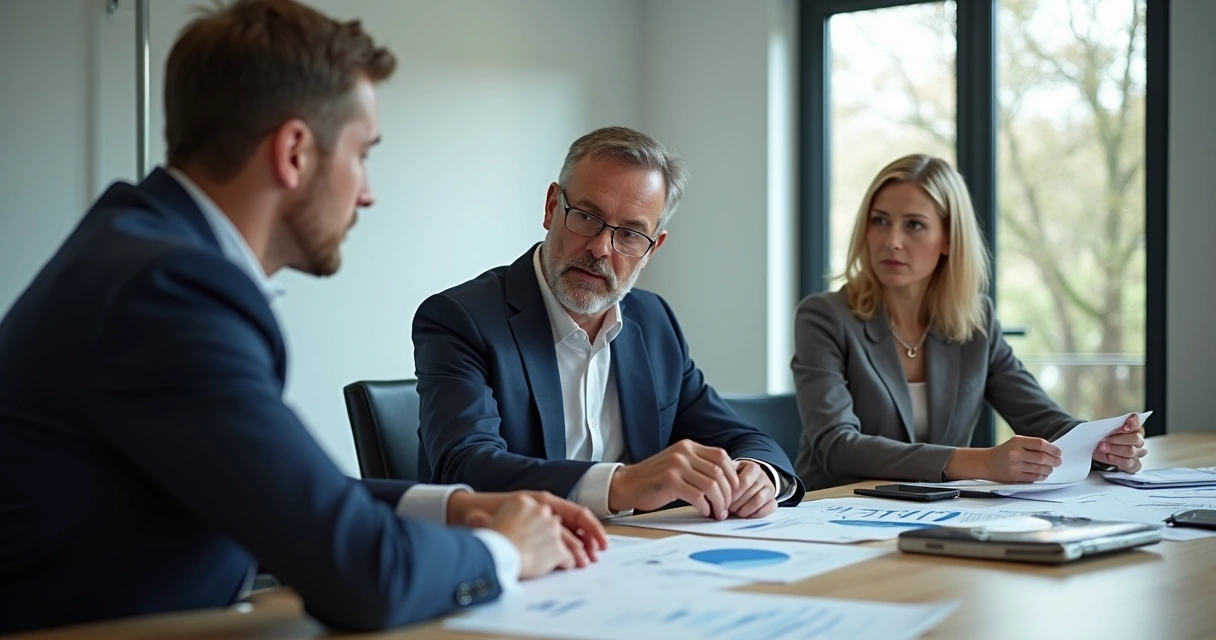 Três pessoas reunidas em mesa de escritório discutindo documentos e gráficos, mostrando colaboração. 