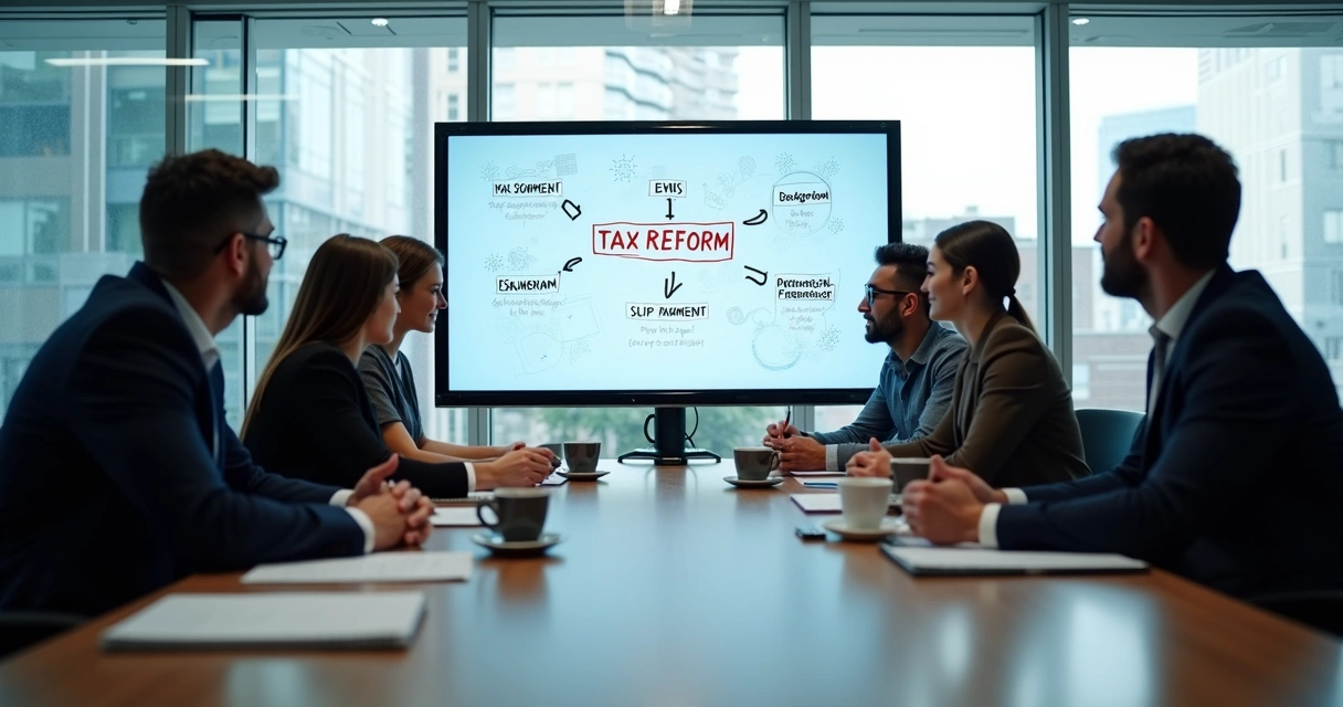 Equipe multidisciplinar reunida revisando contratos e planejamento tributário 