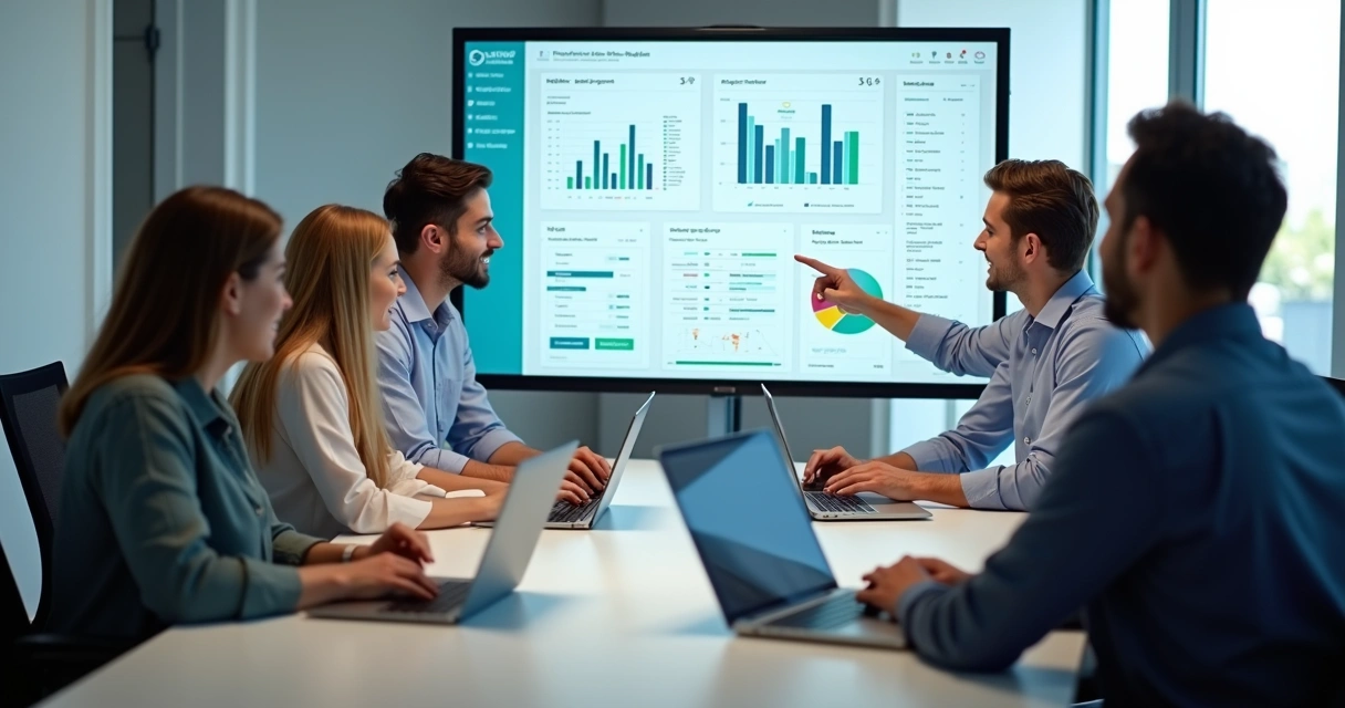 Equipe de compliance reunida analisando painéis de denúncias em laptops 