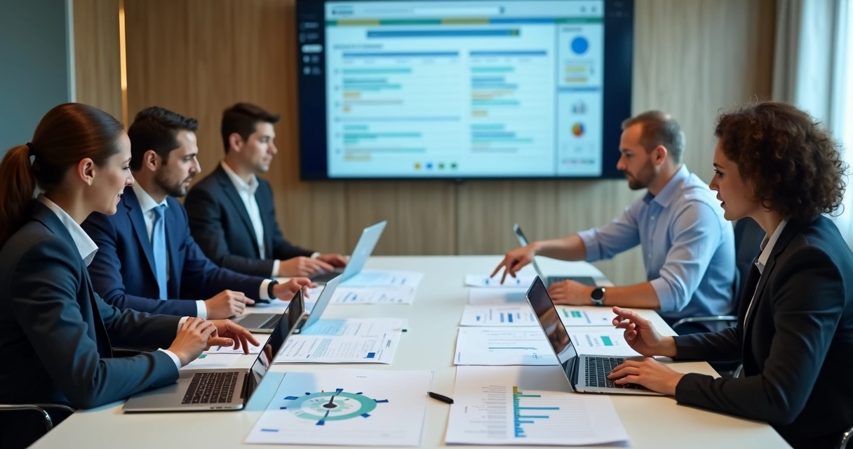 Equipe revisando registros de compliance e treinamentos em reunião 
