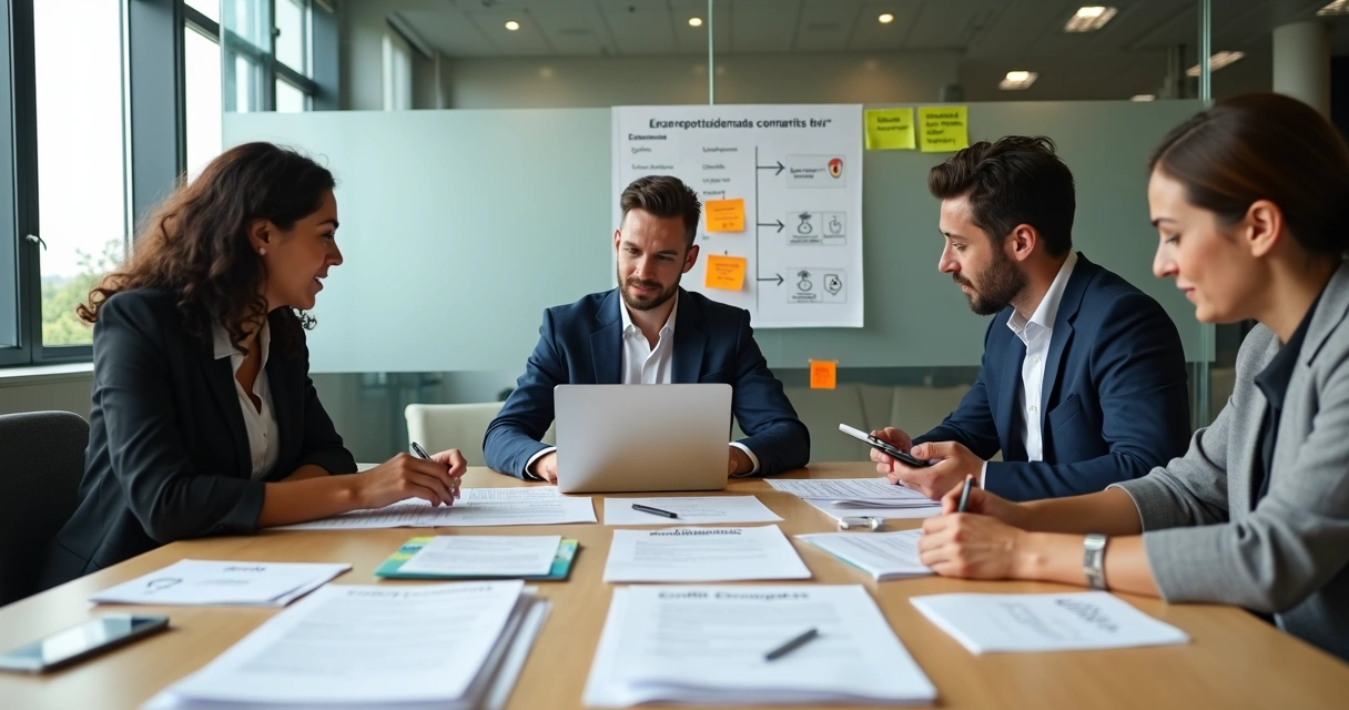 Equipe de RH e jurídico alinhando políticas de compliance trabalhista em reunião 