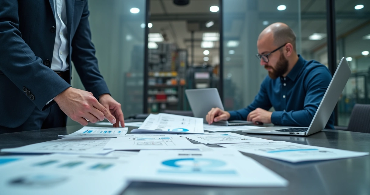 Reunião entre compras e manutenção com planilhas e gráficos em mesa industrial 