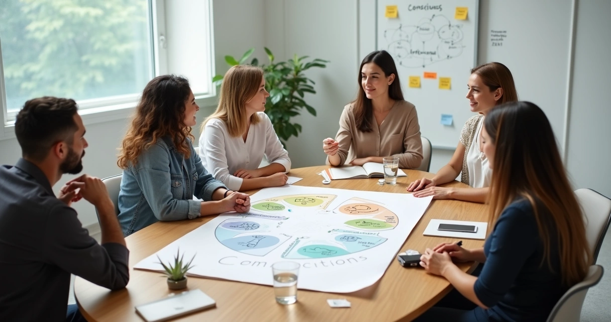 Equipe em reunião ao redor de mesa oval com dinâmica visual de comunicação consciente 