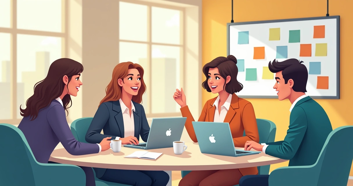 Equipe de trabalho reunida em círculo conversando de forma descontraída em ambiente de escritório. 