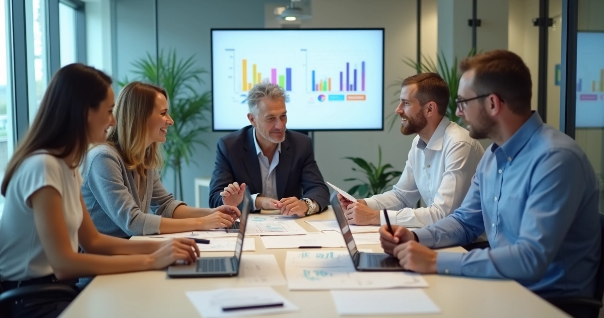 Equipe sentada em mesa de reunião discutindo mudanças organizacionais 