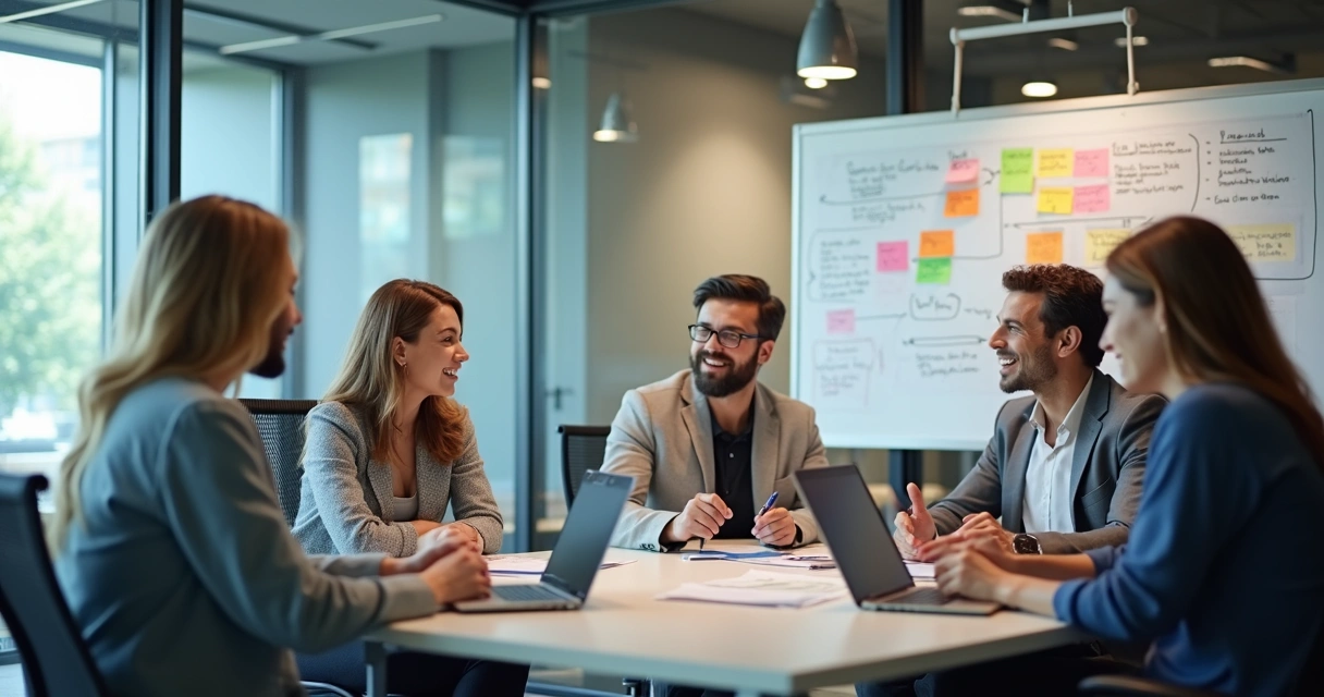 Reunião de equipe de comunicação em empresa, profissionais trocando ideias em sala moderna