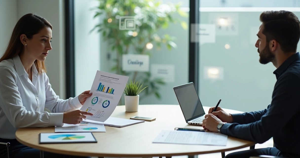 Reunião entre pequena empresa e cliente com contrato e gráficos sobre a mesa 