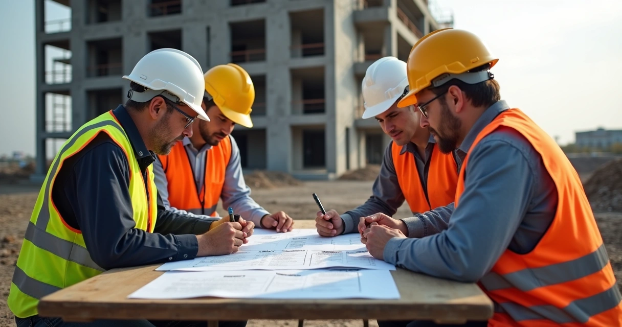 Reunião de equipe de obra discutindo cronograma no canteiro 