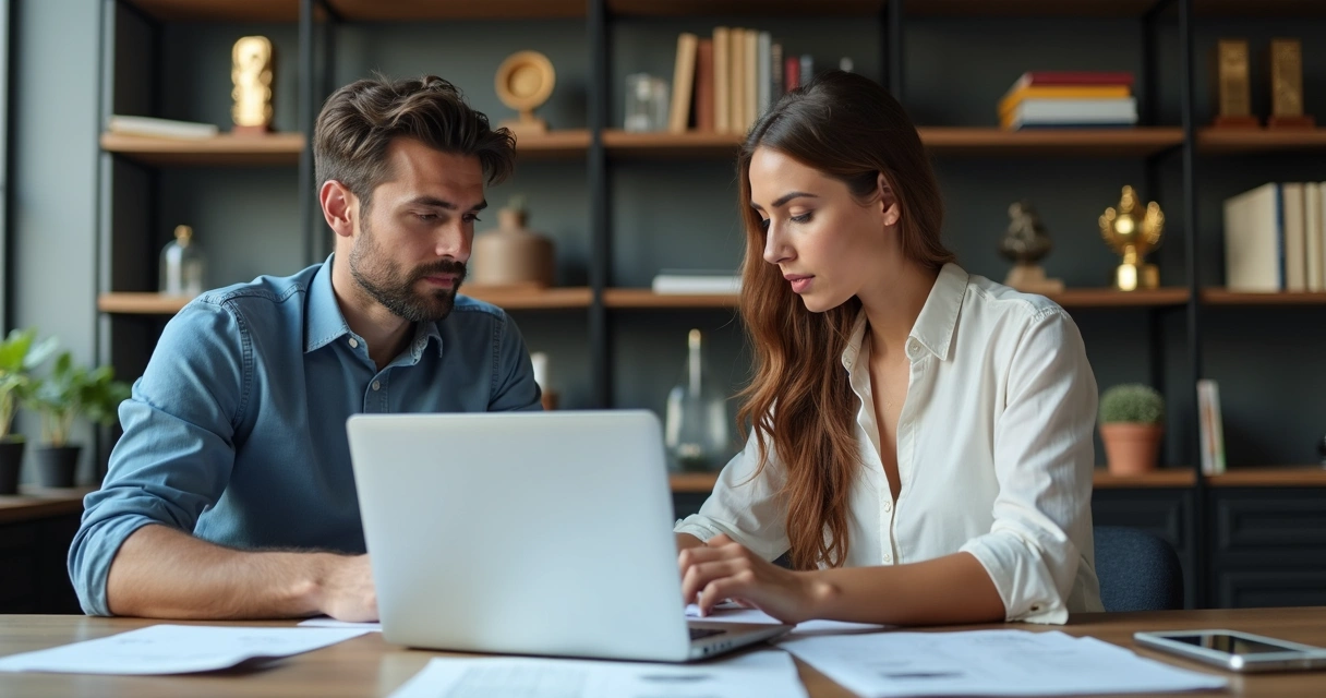 Assessor conversando com jornalista em ambiente de trabalho com computadores