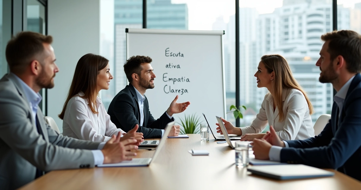 Equipe em reunião de trabalho praticando comunicação respeitosa em escritório moderno 