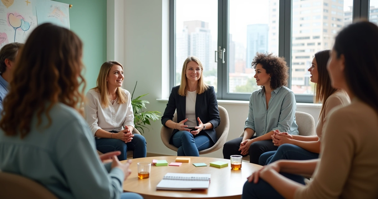 Grupo em reunião praticando comunicação não violenta em círculo 