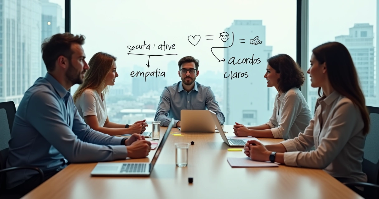 Equipe em reunião corporativa praticando comunicação não violenta em sala moderna 