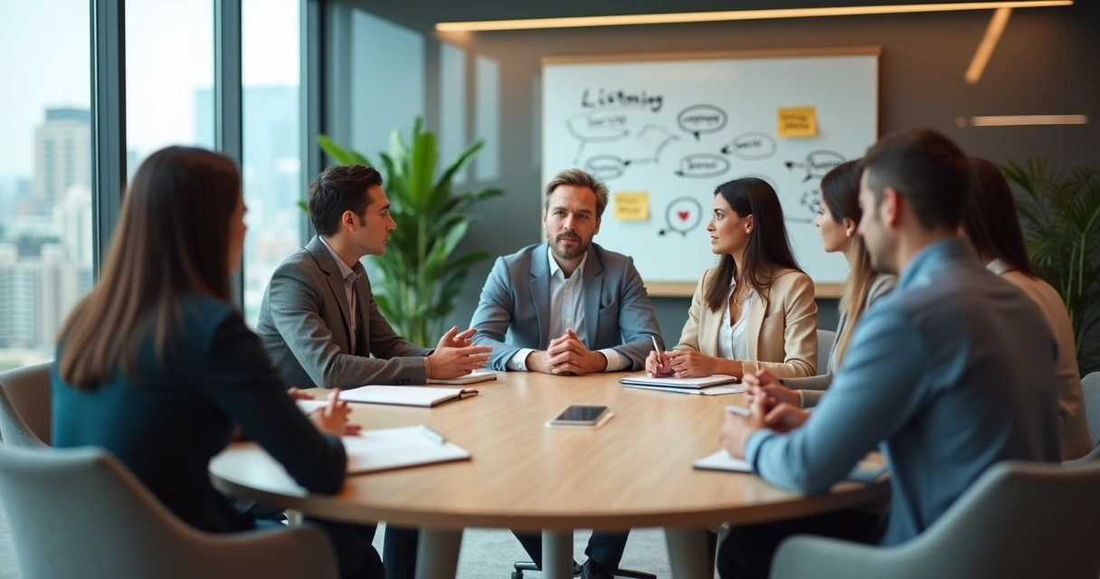 Equipe em reunião corporativa praticando comunicação não violenta em sala de escritório moderna 