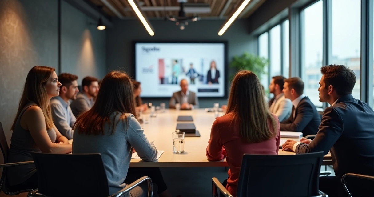 Equipe reunida em pequena empresa, líder apresentando plano em tela 