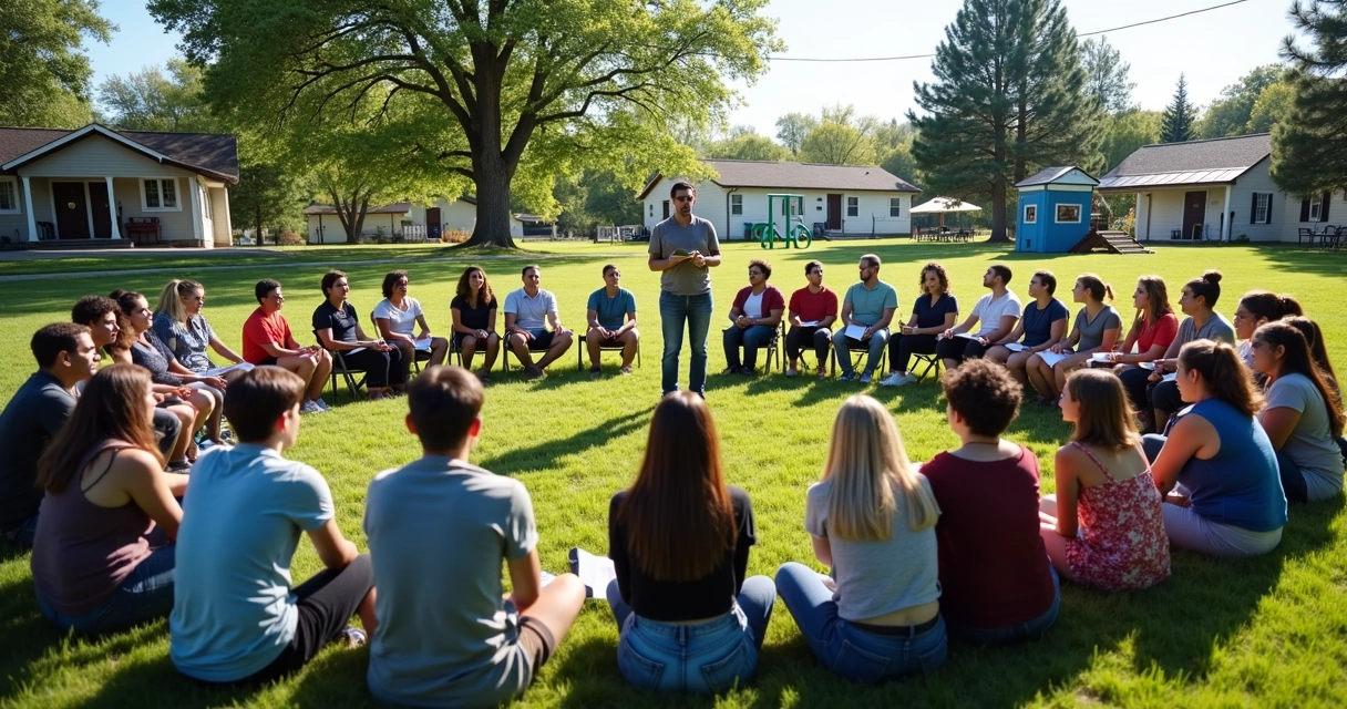 Grupo de pessoas reunidas ao ar livre em círculo durante reunião comunitária