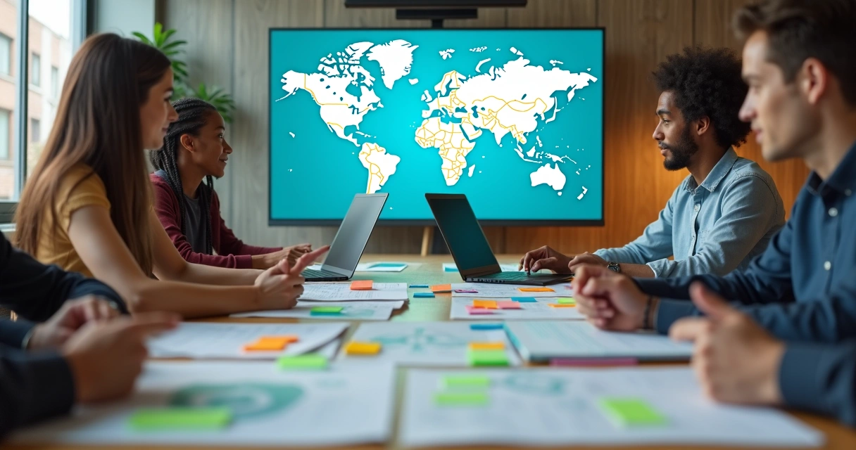 Grupo em reunião com mapas, cadernos e telas compartilhadas