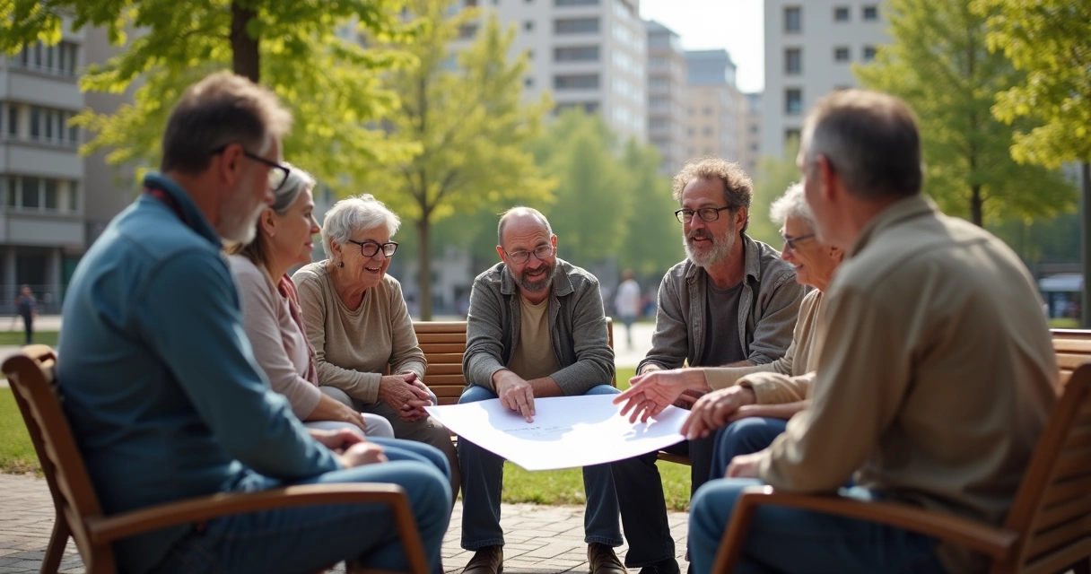 Grupo de moradores sentados em círculo em uma praça discutindo ideias, com horizonte de prédios ao fundo