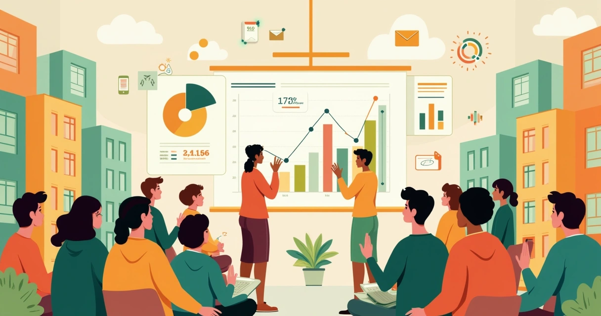 Reunião comunitária em um condomínio digital com gráficos de resultados de gestão e comunicação.