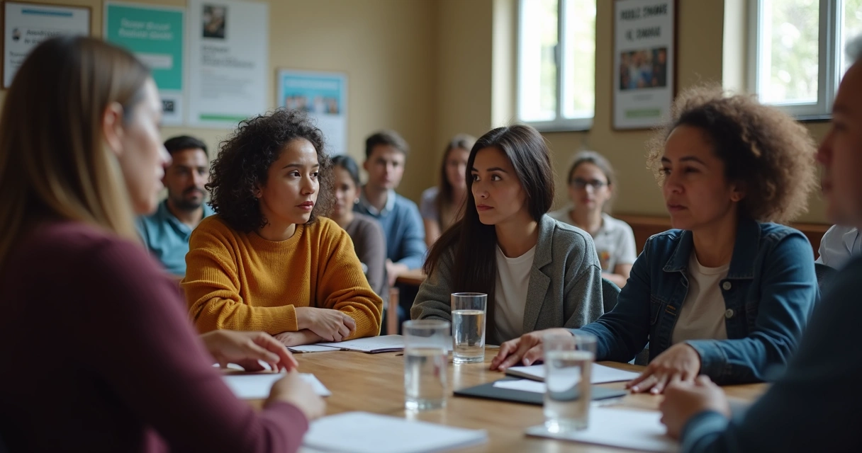 Grupo em reunião comunitária durante crise social 