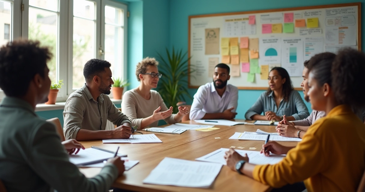 Grupo em reunião comunitária com gráficos e anotações econômicas 
