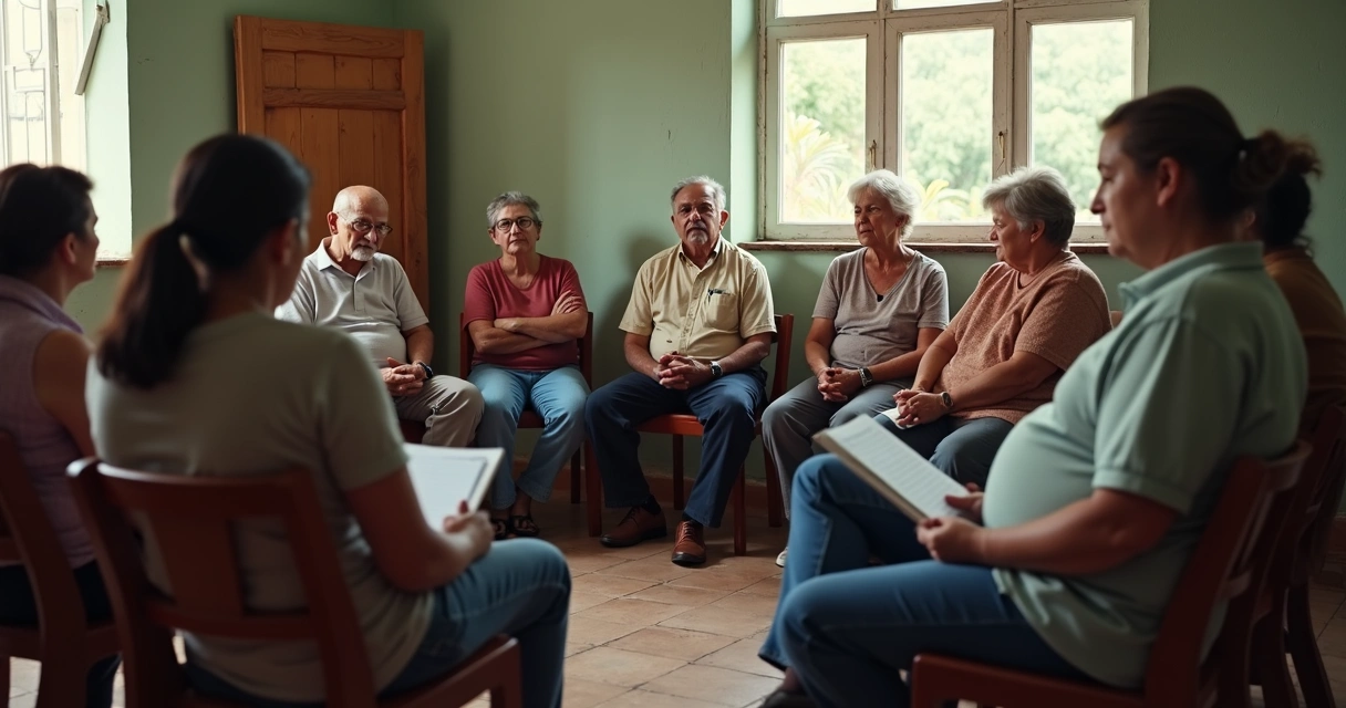 Moradores em reunião comunitária observando expressões e linguagem corporal