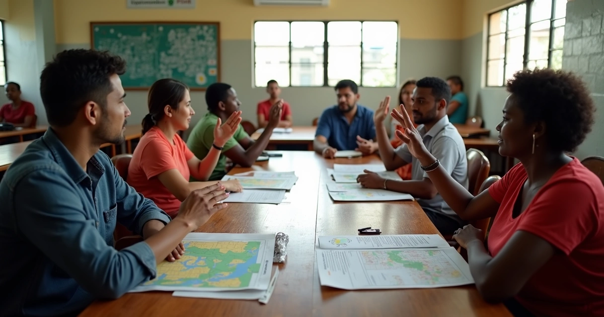Reunião comunitária com moradores e gestores debatendo soluções locais