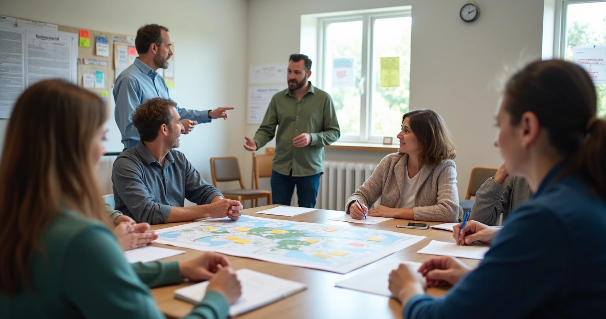 Grupo em reunião comunitária discutindo projeto com mapas e anotações