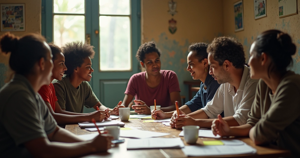 Grupo em reunião comunitária com anotações e diálogo colaborativo 