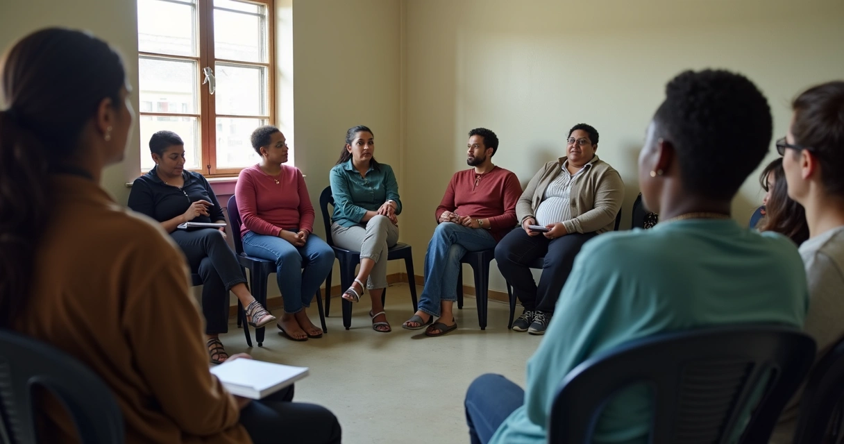 Reunião comunitária com expressões de tensão e escuta 