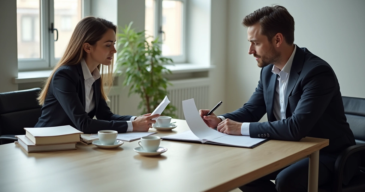 Advogado e empresário analisando carta de notificação em sala de reunião 
