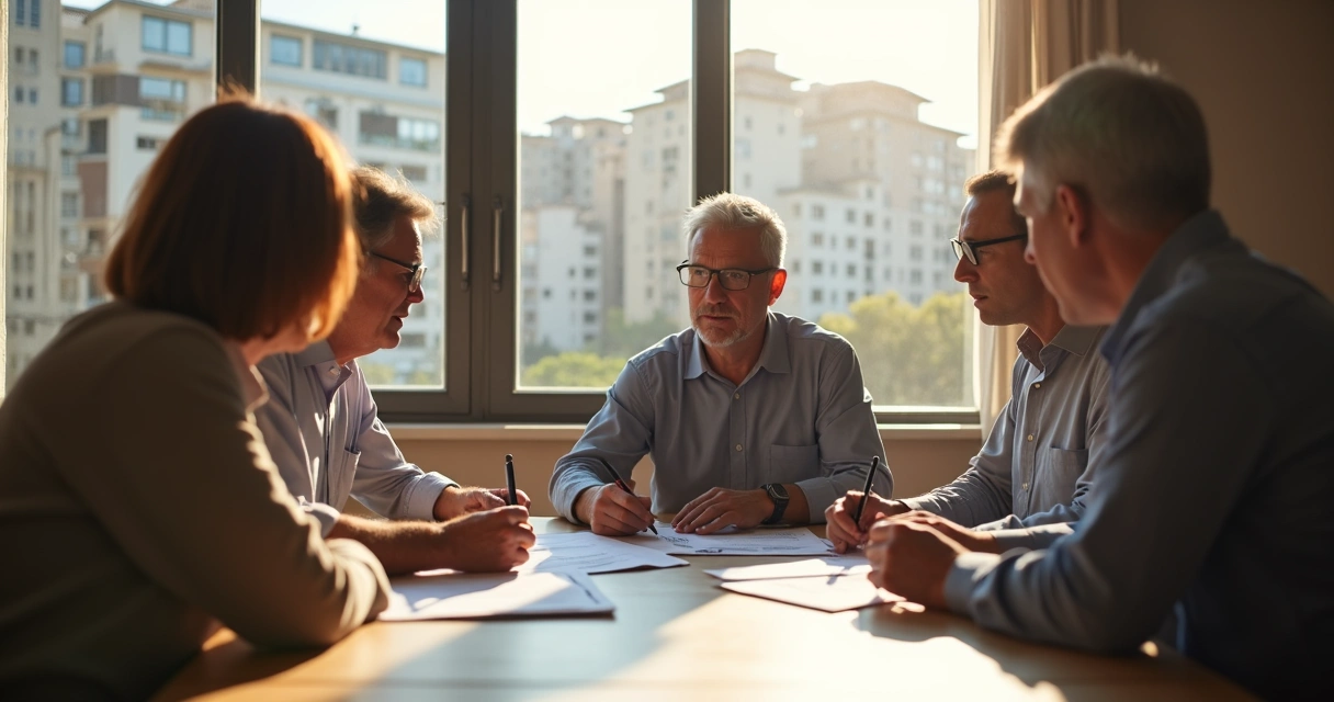 Síndico e moradores reunidos discutindo assuntos financeiros do condomínio em Curitiba. 