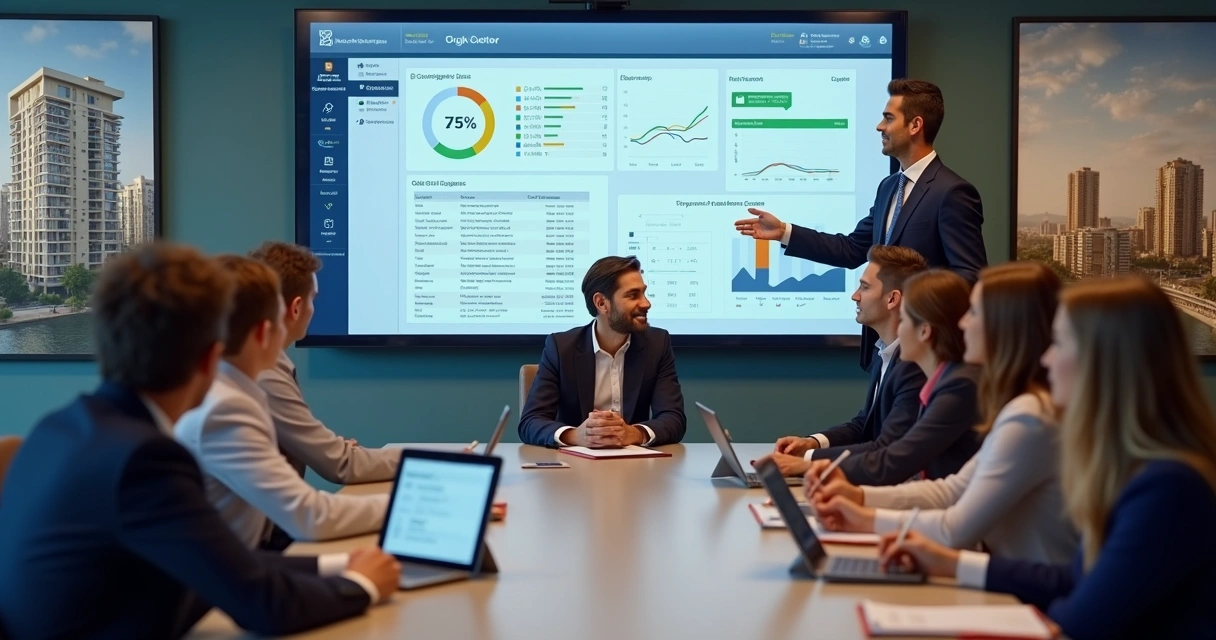 Síndico profissional apresentando dashboard digital em reunião de condomínio