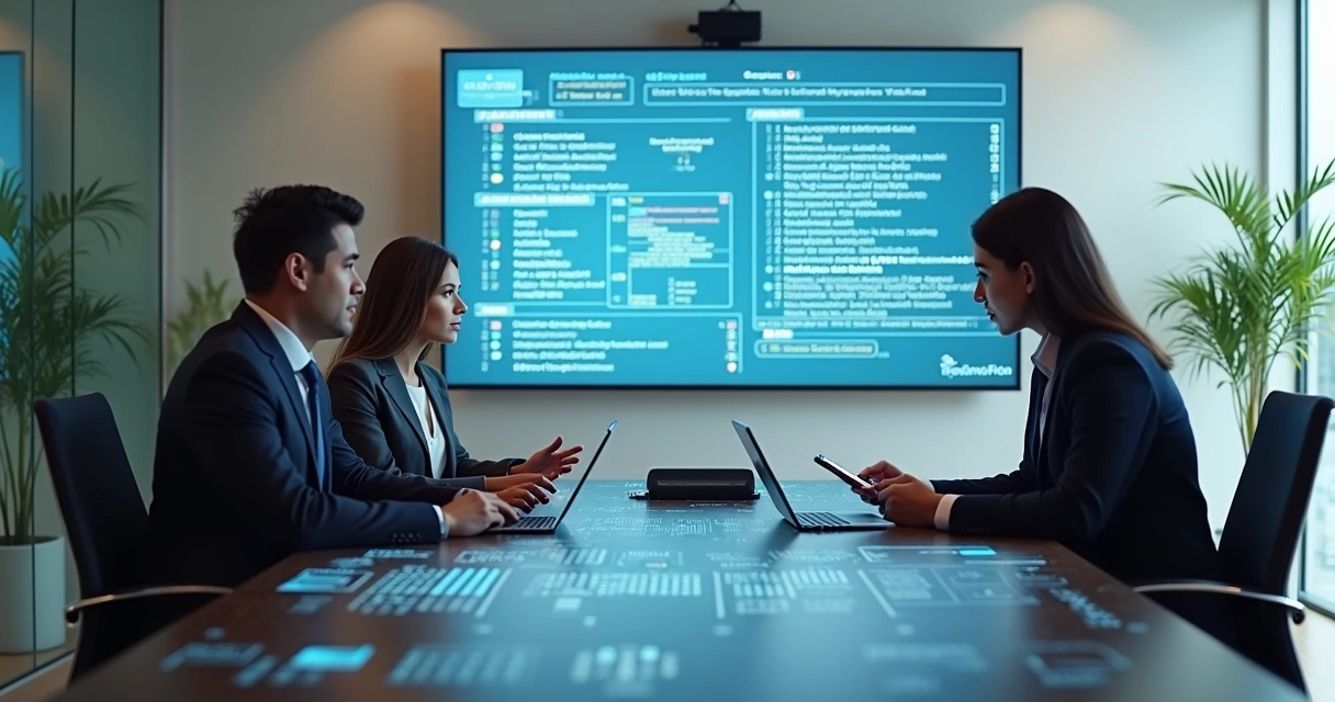Mesa de reunião com transcrição digital em tempo real de decisões condominiais