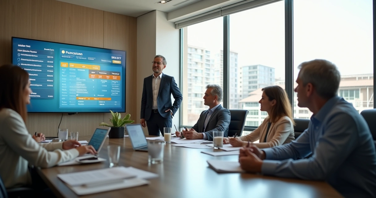 Síndico apresenta dados em tela digital para grupo de condôminos 