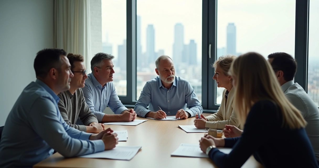 Reunião de condomínio com moradores debatendo de forma tranquila 