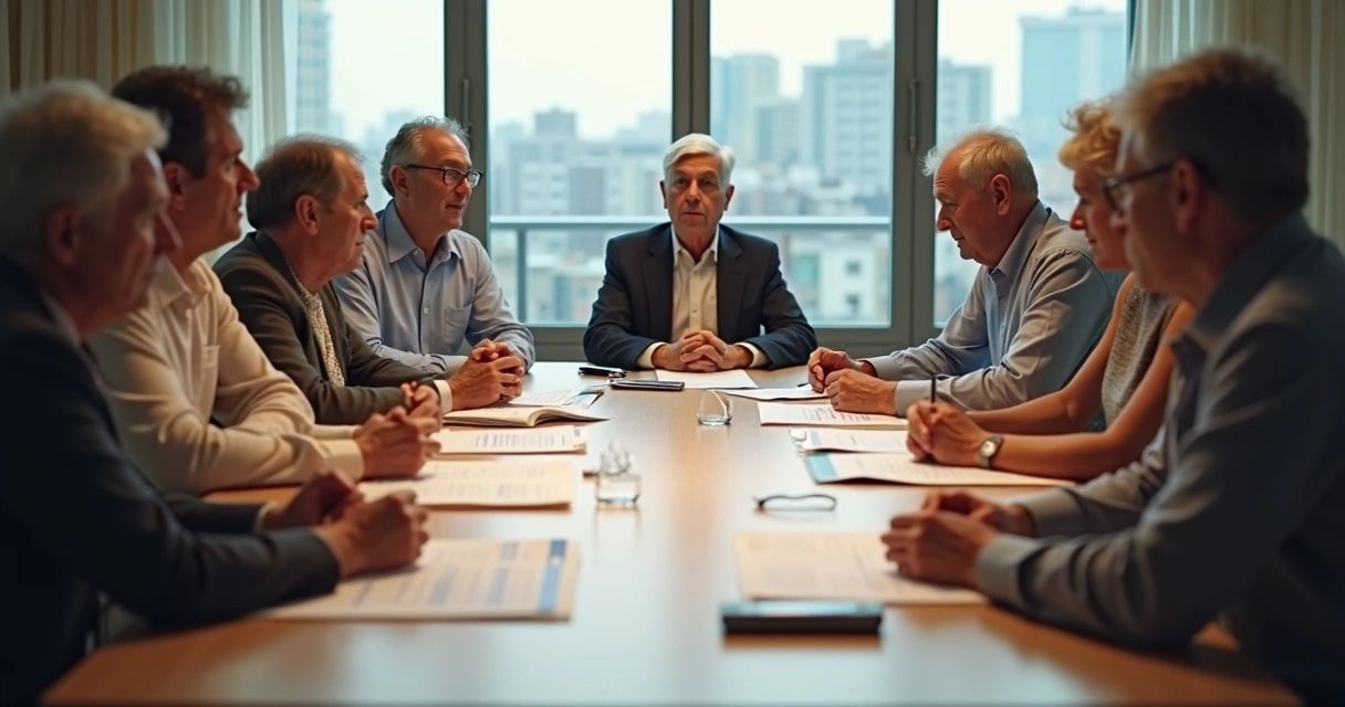 Reunião de condomínio com pessoas discutindo documentos 