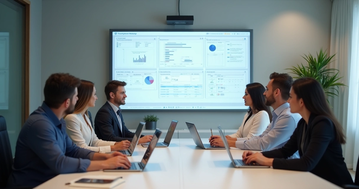 Síndico e equipe reunidos em uma sala moderna com documentos e painéis digitais.