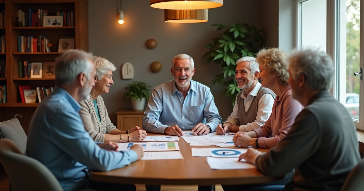Reunião de condomínio com síndico e moradores discutindo finanças 