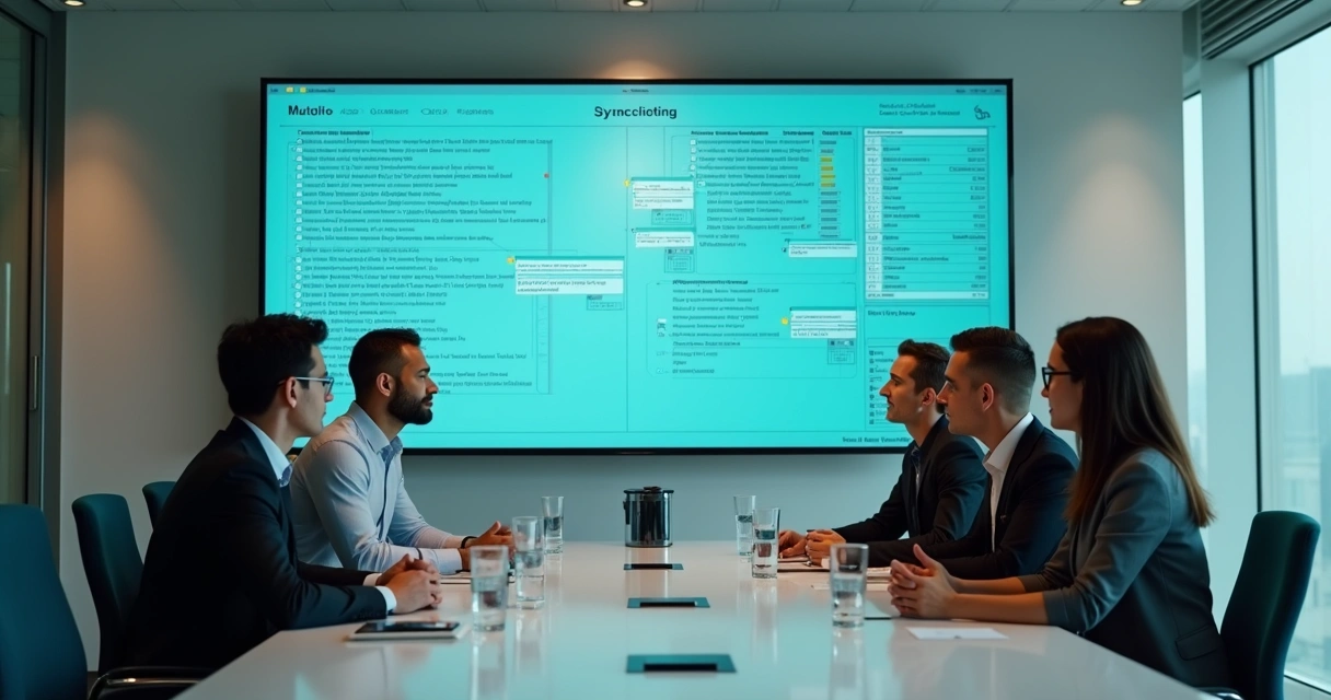 Equipe de síndicos em reunião com transcrição digital em tela ao fundo 