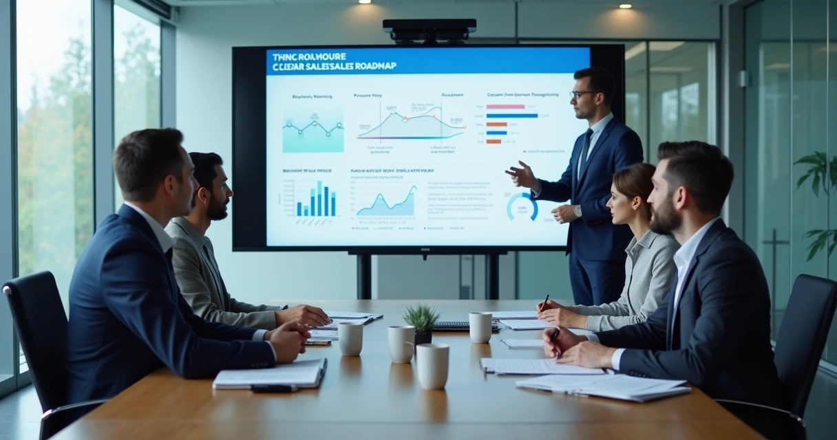 Reunião comercial com gráficos e apresentação
