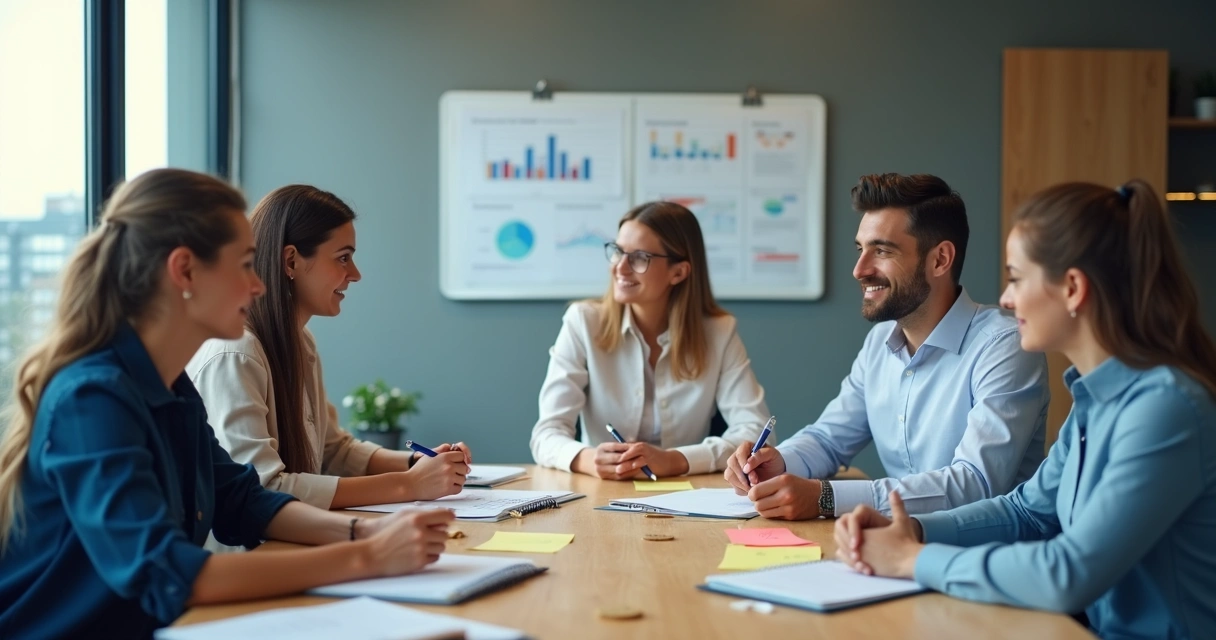 Equipe em reunião colaborativa com anotações visíveis