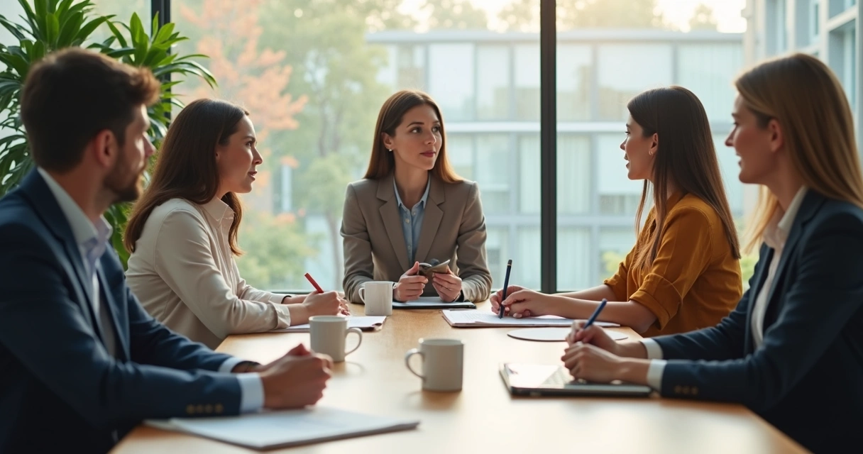 Equipe em reunião com escuta ativa e troca de ideias 
