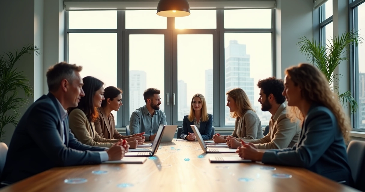 Grupo em reunião formando círculo com linhas conectando as pessoas em ambiente de trabalho moderno 