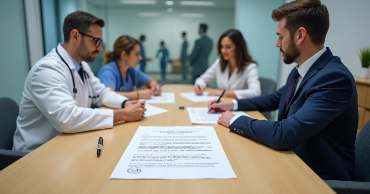 Equipe de saúde assinando termo de confidencialidade em sala de reunião de clínica 