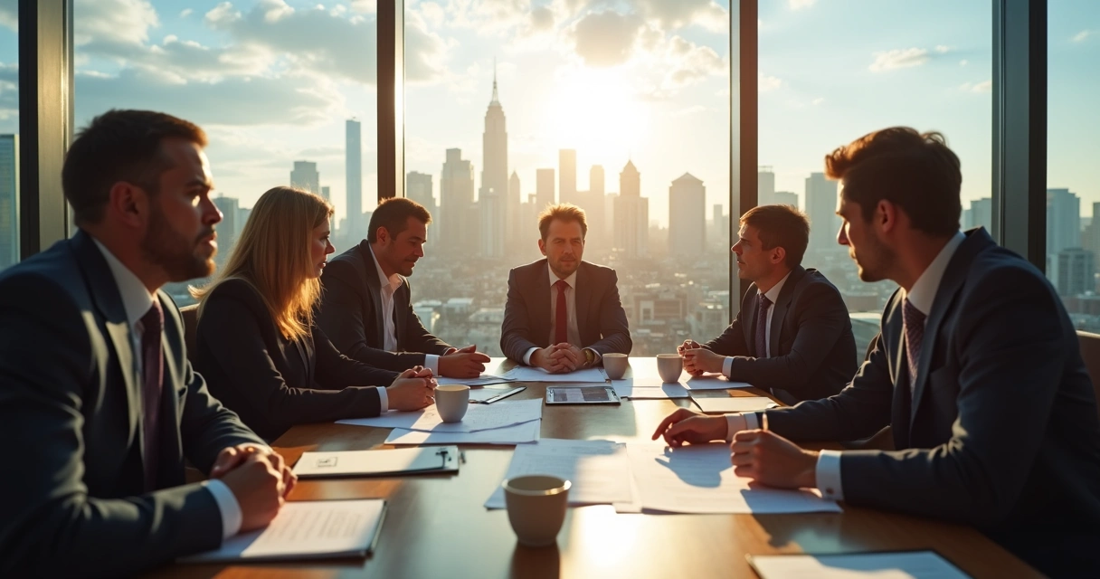 Empresários em reunião internacional com expressão de conflito. 