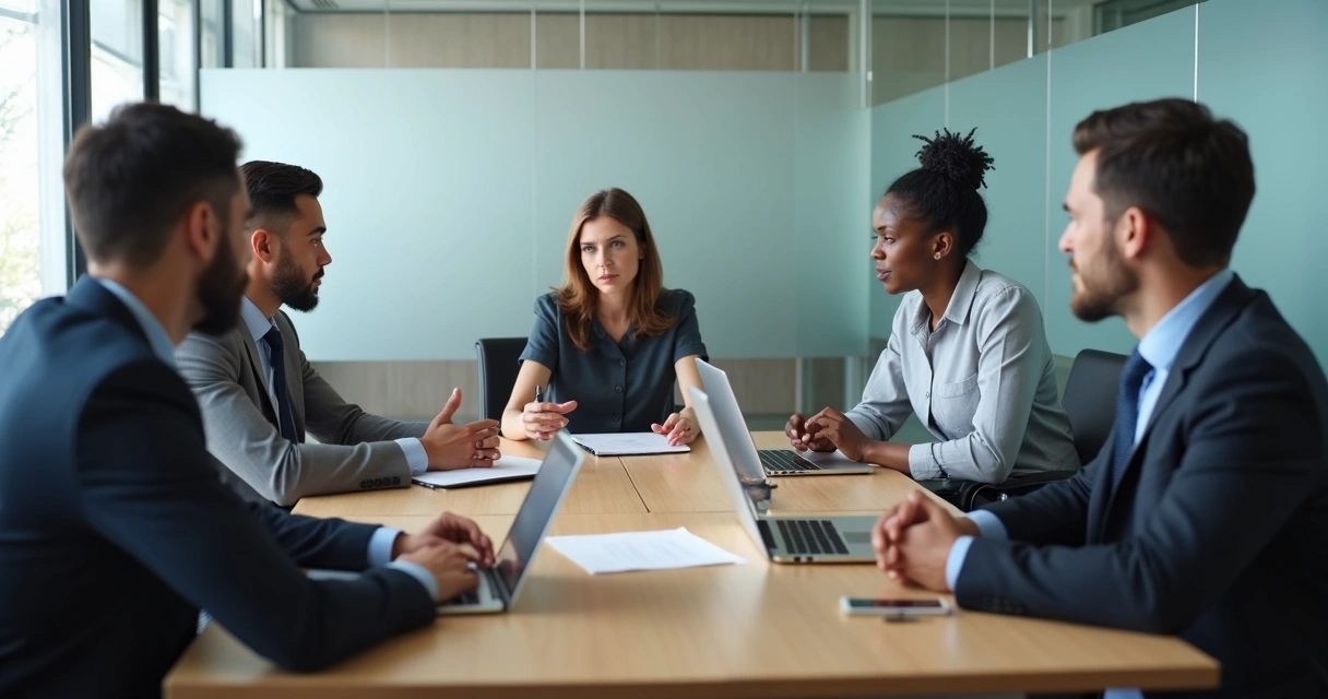 Equipe em reunião tensa com gesto de mediação entre colegas